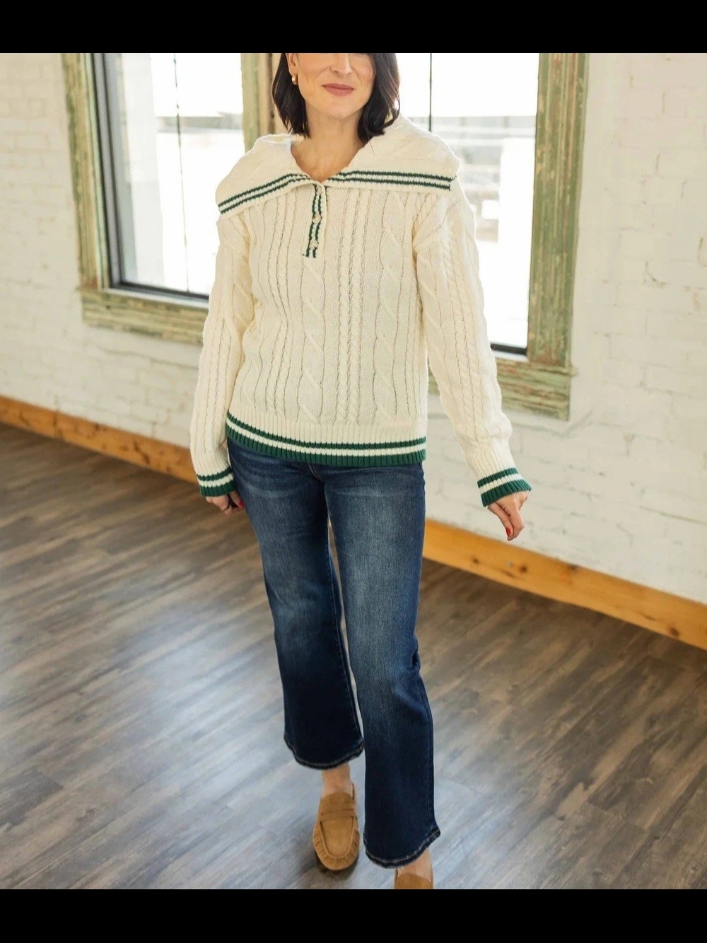 Cream Cable-Knit V-Neck Sweater with Green Trim
